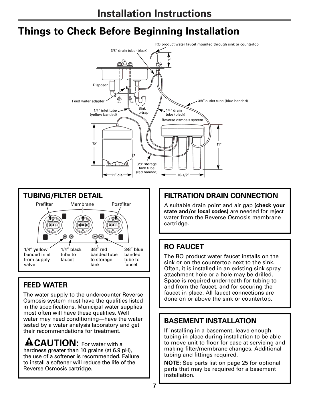 GE PXRQ15F owner manual TUBING/FILTER Detail, Feed Water, Filtration Drain Connection, RO Faucet, Basement Installation 