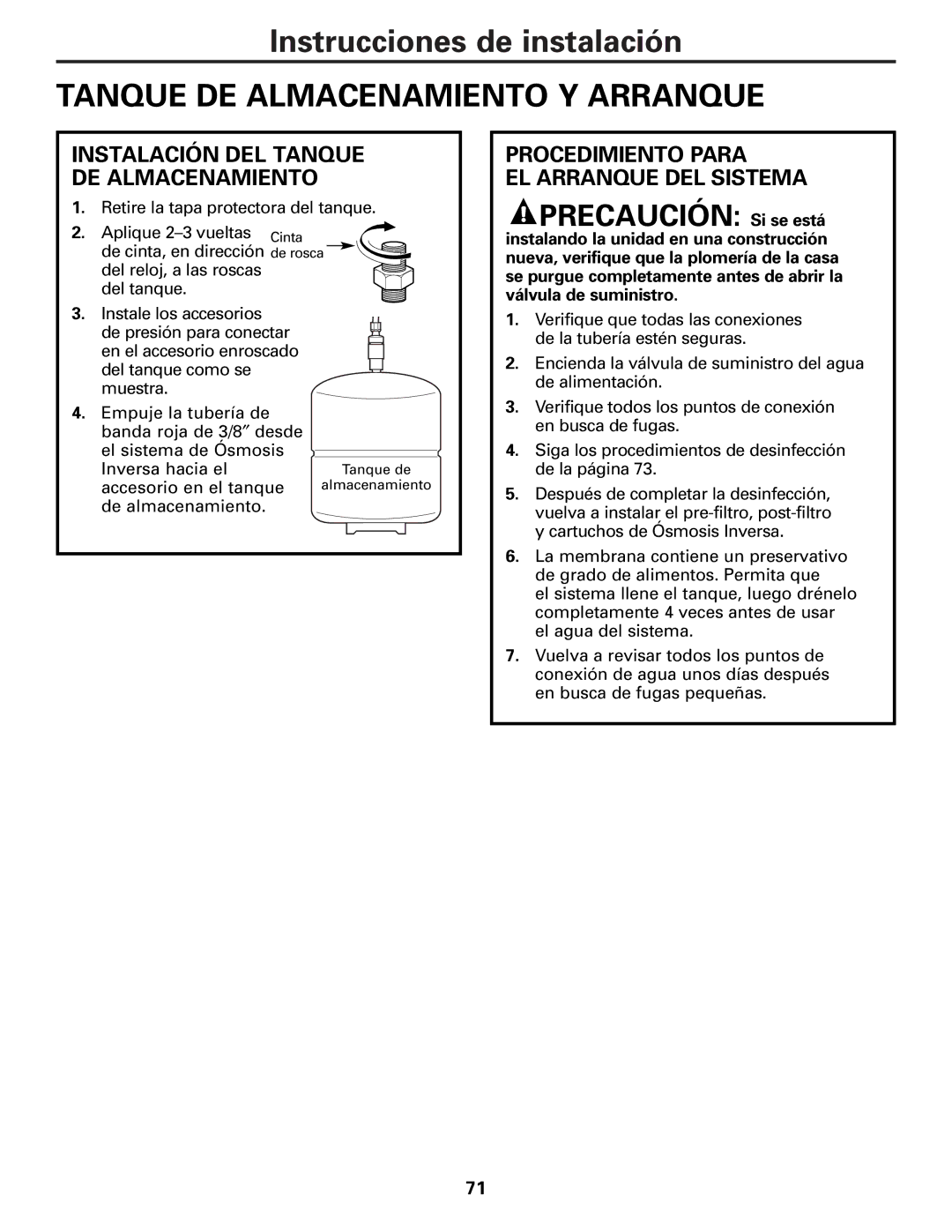 GE PXRQ15F owner manual Tanque DE Almacenamiento Y Arranque, Procedimiento Para EL Arranque DEL Sistema 