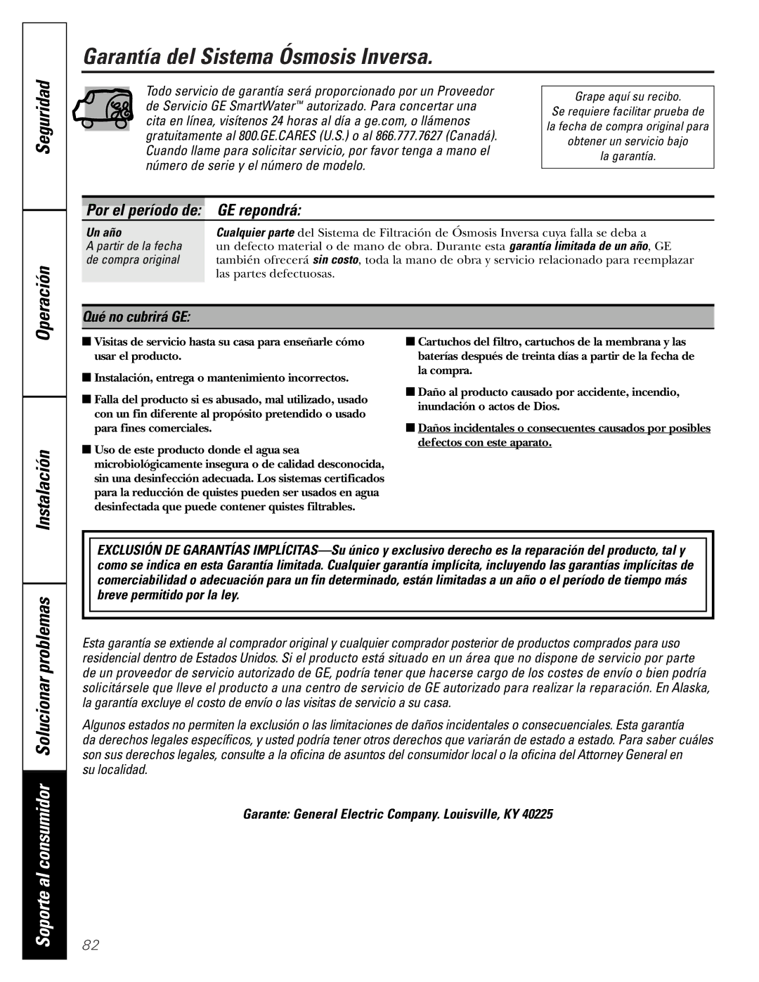 GE PXRQ15F owner manual Garantía del Sistema Ósmosis Inversa, Un año 