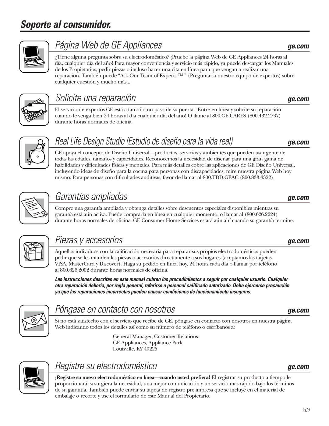 GE PXRQ15F owner manual Soporte al consumidor Página Web de GE Appliances, Solicite una reparación, Garantías ampliadas 