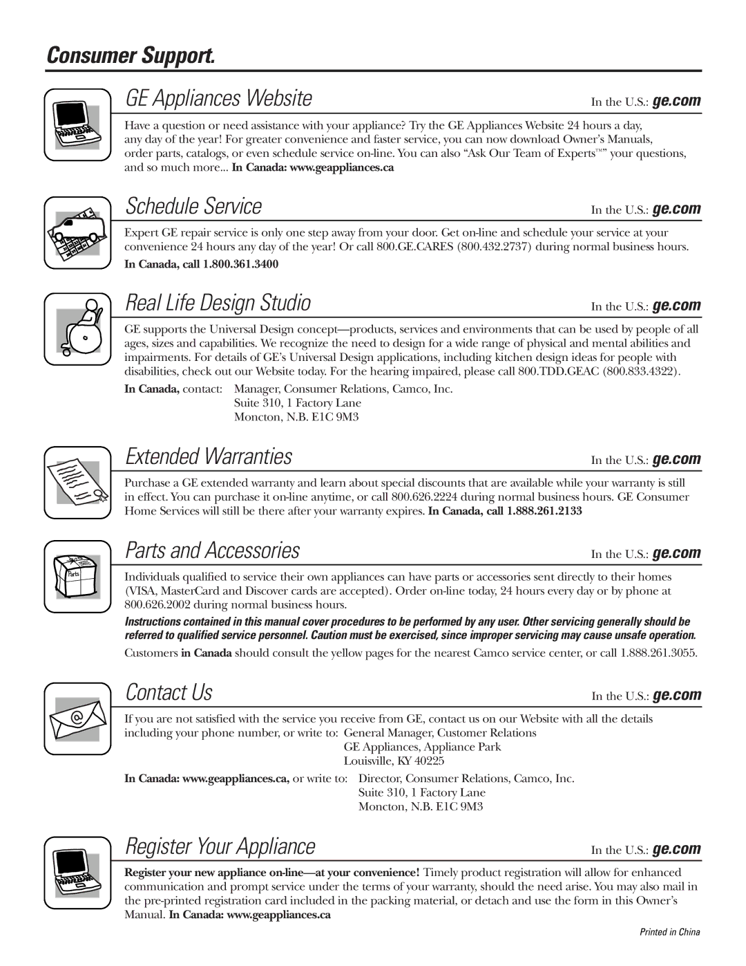 GE PXRQ15F owner manual Consumer Support, Schedule Service 