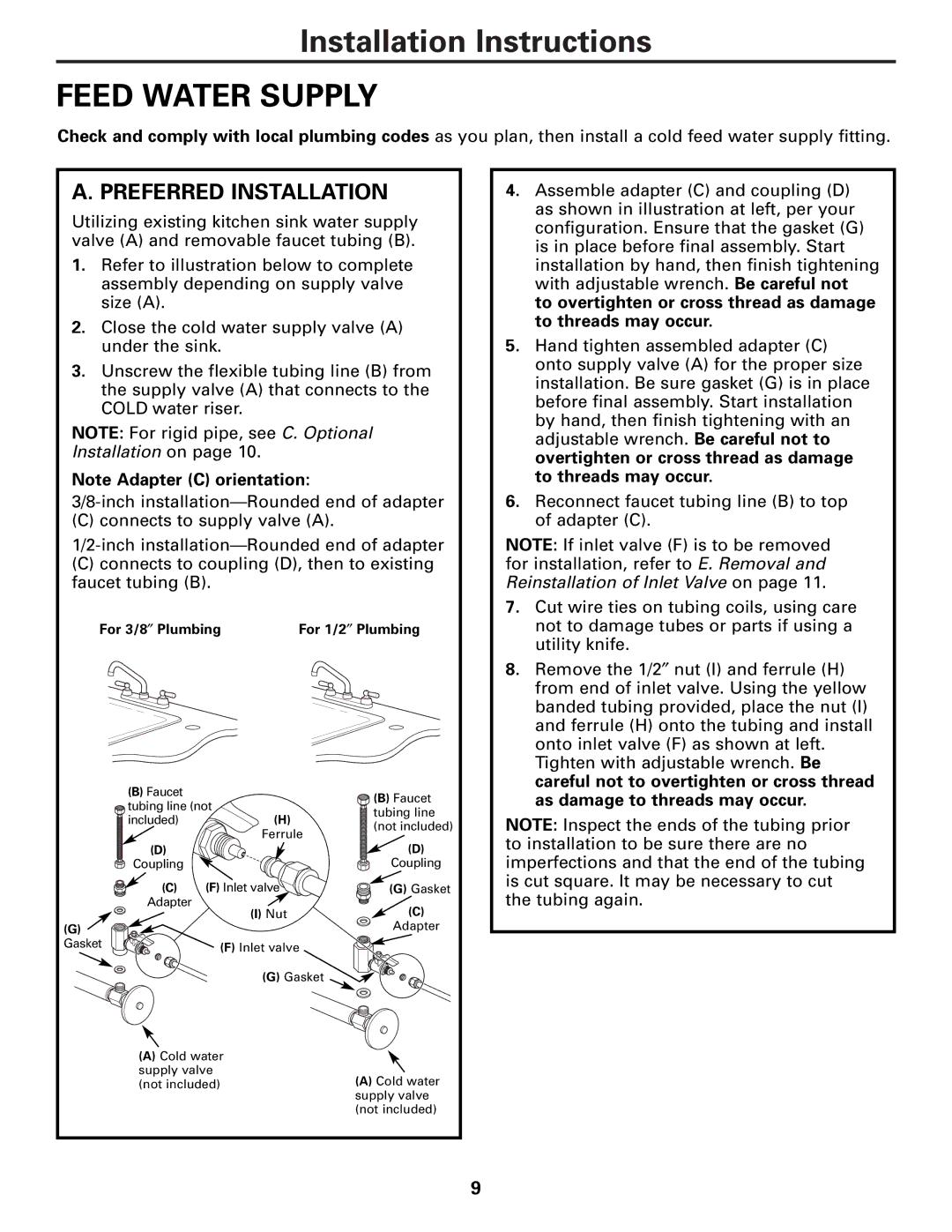 GE PXRQ15F owner manual Feed Water Supply, Preferred Installation 