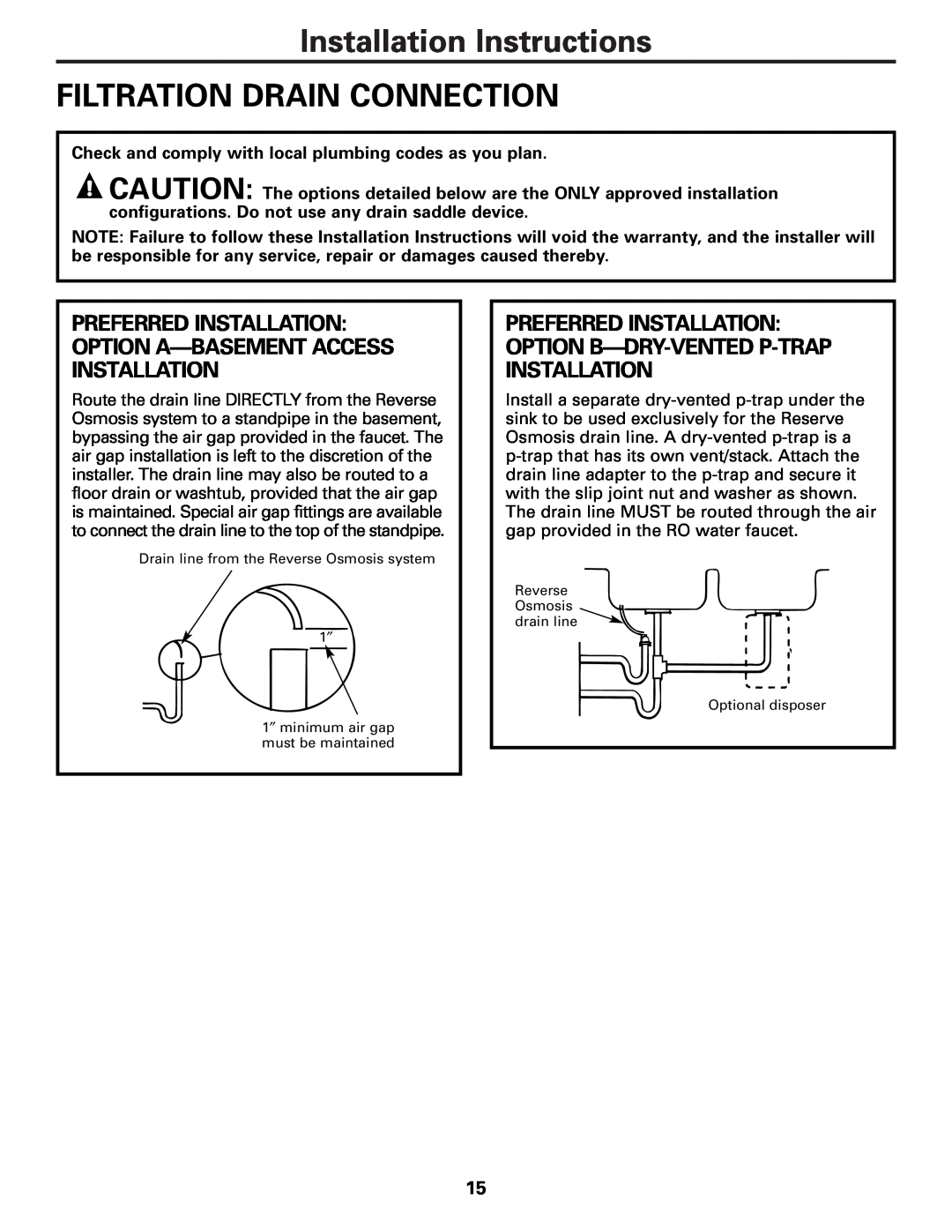 GE PXRQ15F Installation Instructions FILTRATION DRAIN CONNECTION, Check and comply with local plumbing codes as you plan 
