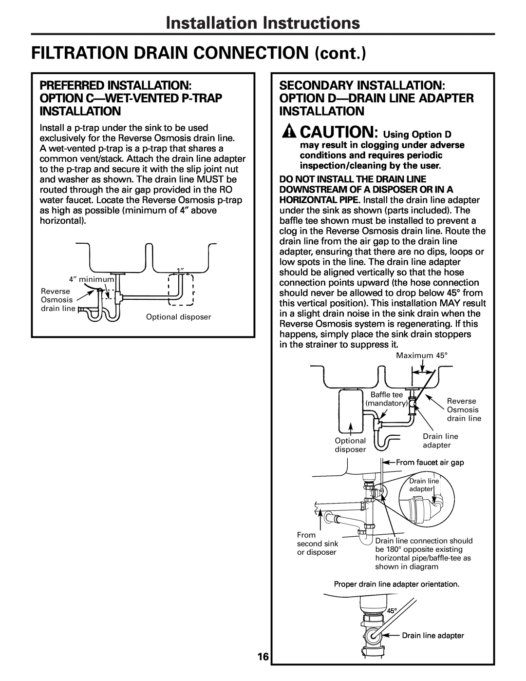GE PXRQ15F owner manual Installation Instructions FILTRATION DRAIN CONNECTION cont 