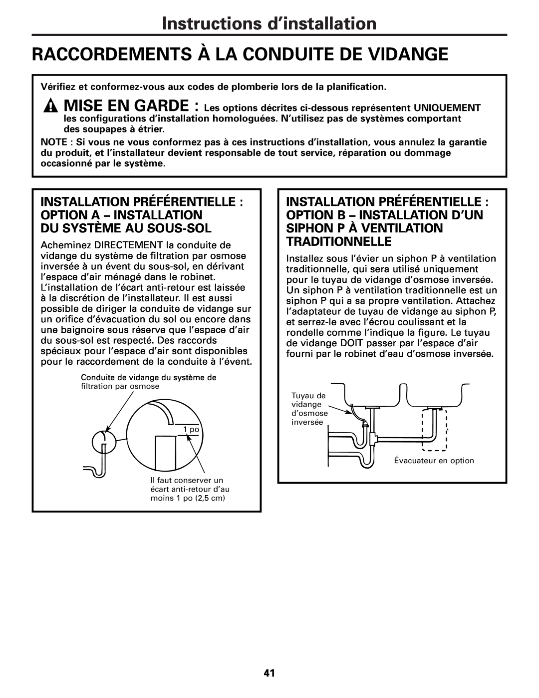 GE PXRQ15F owner manual Instructions d’installation RACCORDEMENTS À LA CONDUITE DE VIDANGE, Du Système Au Sous-Sol 
