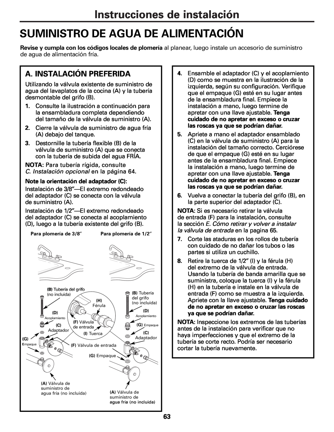 GE PXRQ15F owner manual Instrucciones de instalación SUMINISTRO DE AGUA DE ALIMENTACIÓN, A. Instalación Preferida 