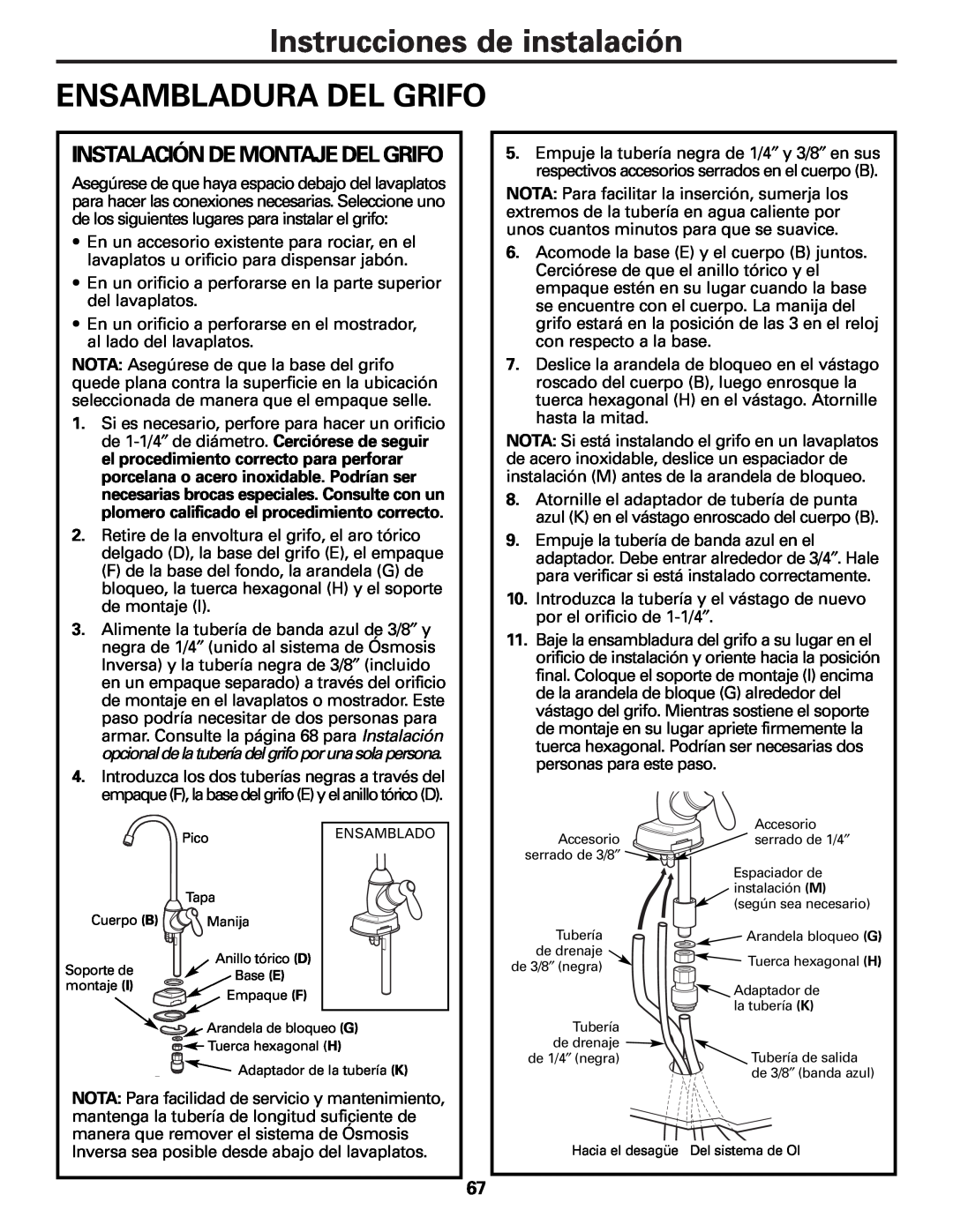 GE PXRQ15F owner manual Instrucciones de instalación ENSAMBLADURA DEL GRIFO, Instalación De Montaje Del Grifo 