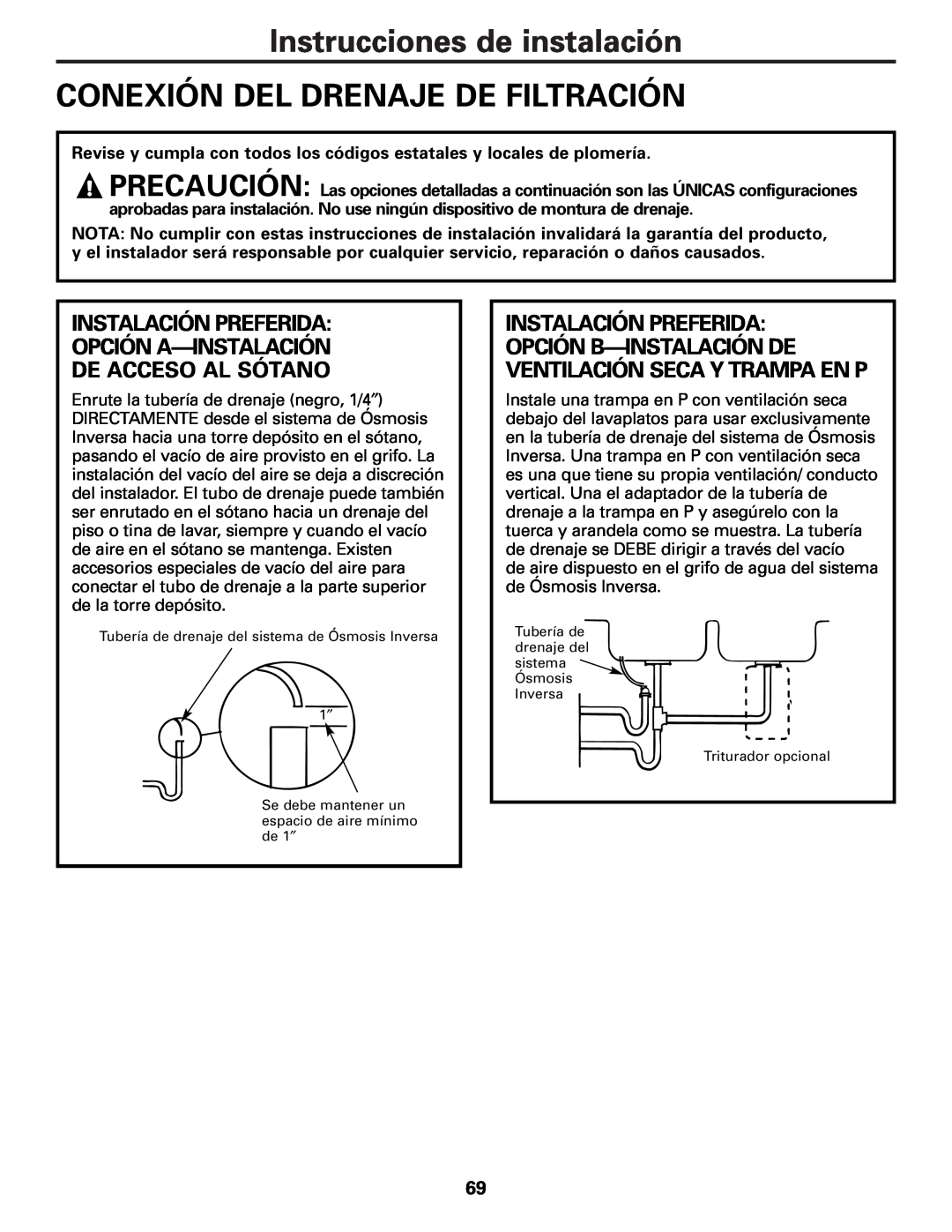 GE PXRQ15F owner manual Instrucciones de instalación CONEXIÓN DEL DRENAJE DE FILTRACIÓN 
