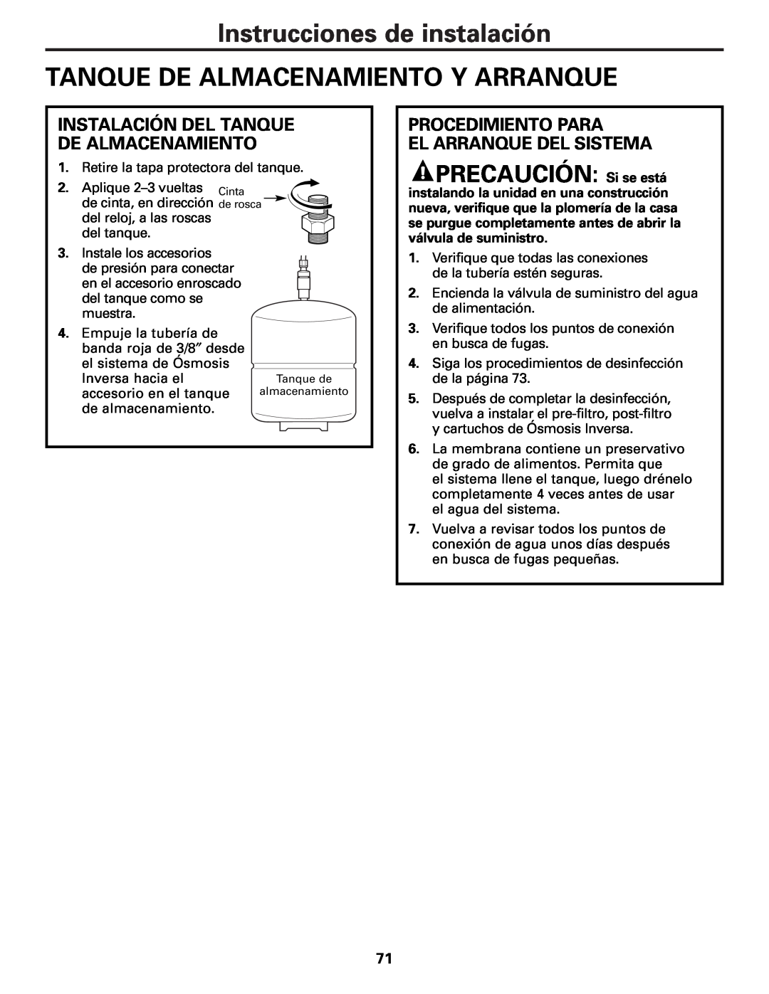 GE PXRQ15F owner manual Instrucciones de instalación TANQUE DE ALMACENAMIENTO Y ARRANQUE, PRECAUCIÓN Si se está 