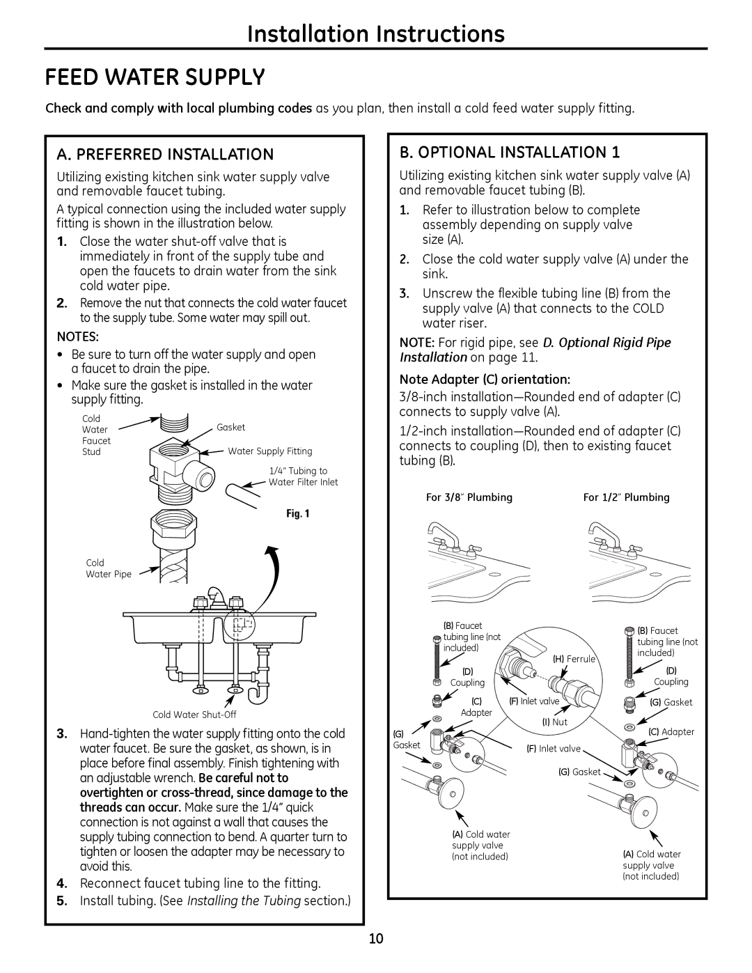 GE PXRQ15RBL, PNRQ16RBL owner manual Feed Water Supply, Preferred Installation, Optional Installation 