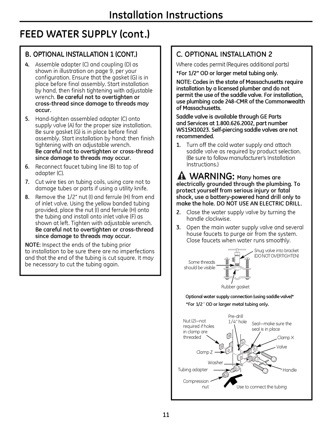 GE PNRQ16RBL, PXRQ15RBL owner manual Installation Instructions Feed Water Supply, Optional Installation 1 