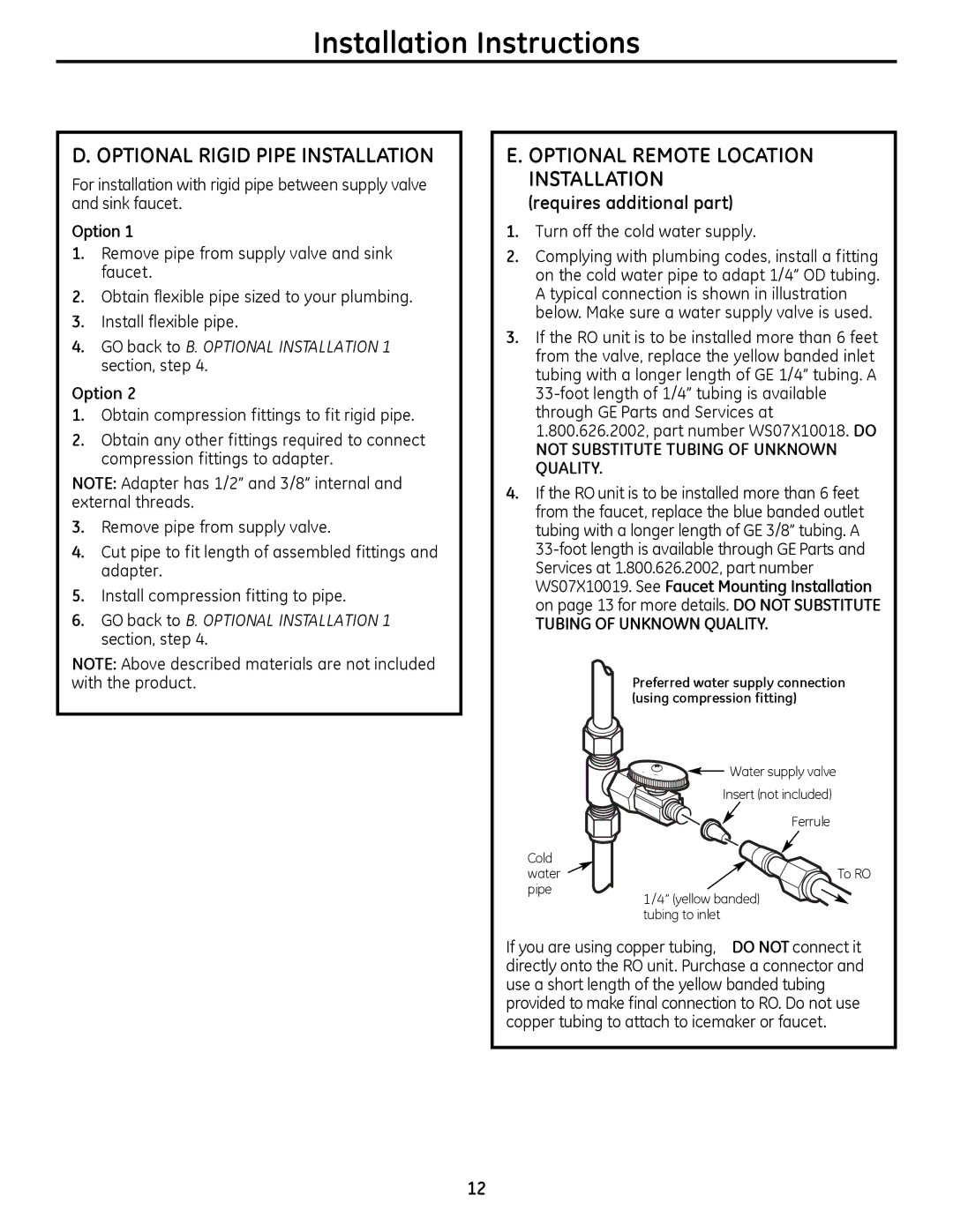 GE PXRQ15RBL, PNRQ16RBL owner manual Optional Rigid Pipe Installation 