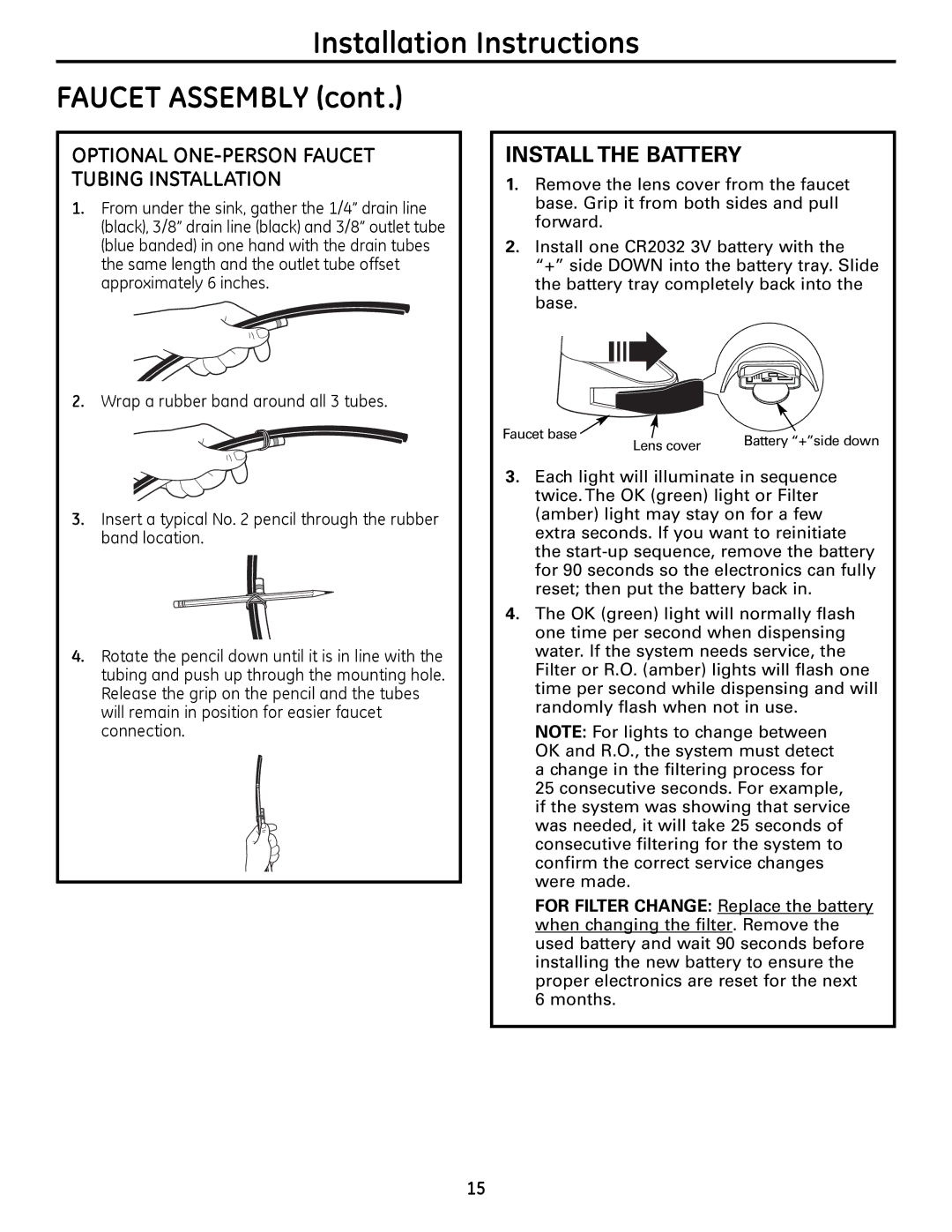 GE PNRQ16RBL, PXRQ15RBL owner manual Installation Instructions Faucet Assembly, Install the Battery 