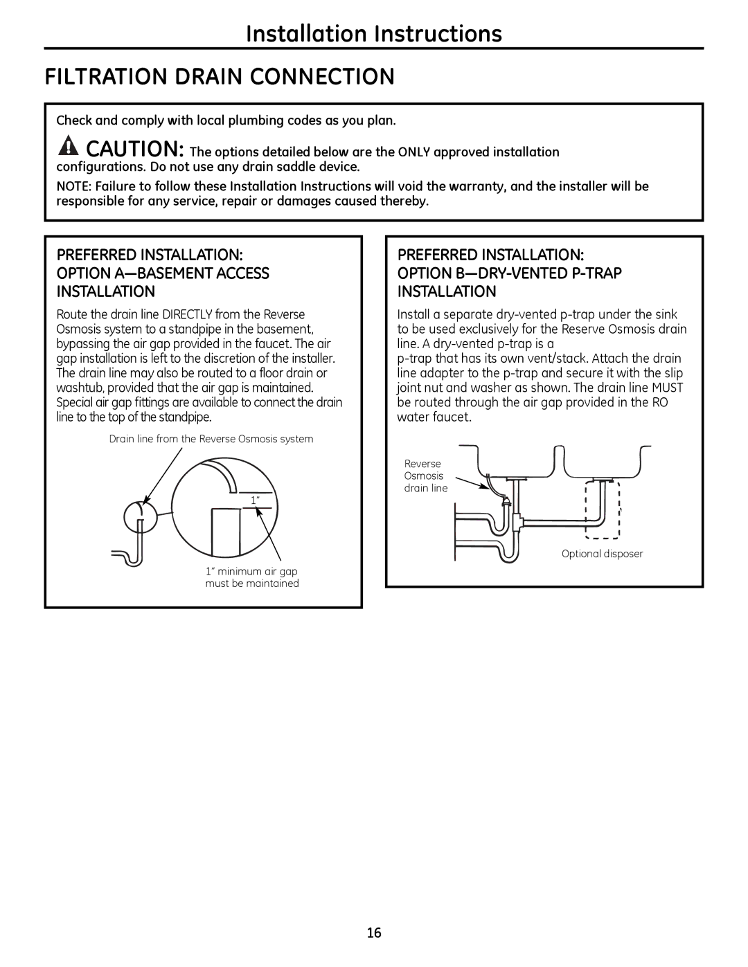 GE PXRQ15RBL, PNRQ16RBL owner manual Filtration Drain Connection, Preferred Installation Option A-BASEMENT Access 