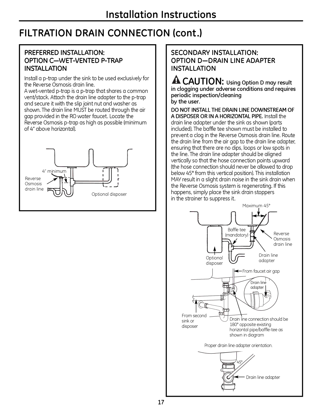 GE PNRQ16RBL, PXRQ15RBL owner manual Installation Instructions Filtration Drain Connection, By the user 