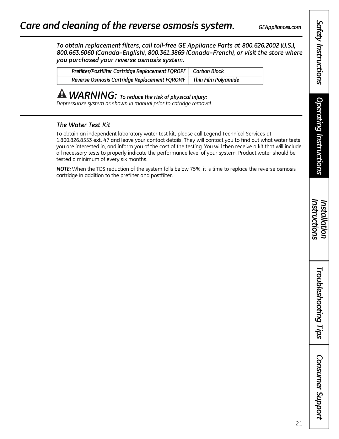 GE PNRQ16RBL, PXRQ15RBL owner manual Water Test Kit 