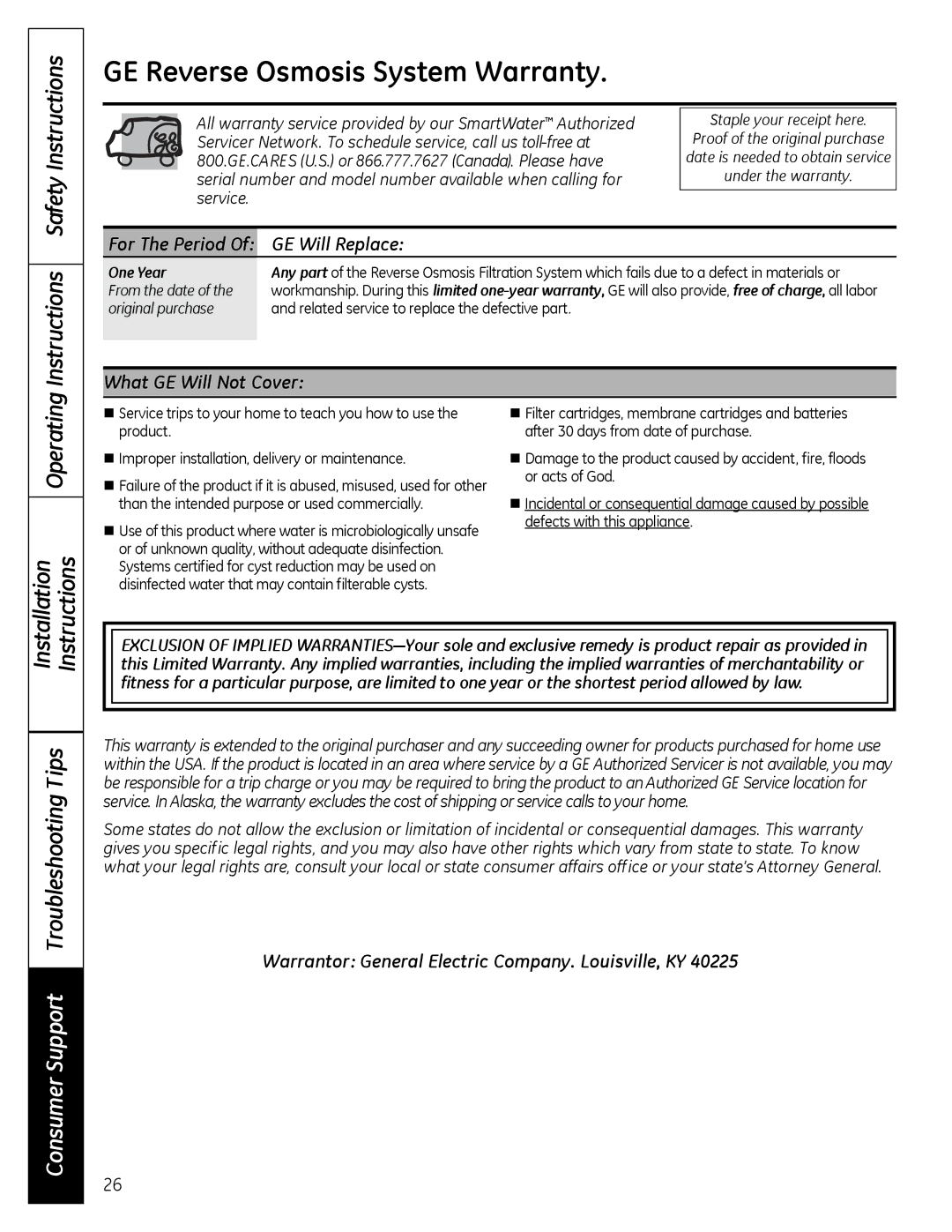 GE PXRQ15RBL, PNRQ16RBL owner manual GE Reverse Osmosis System Warranty 