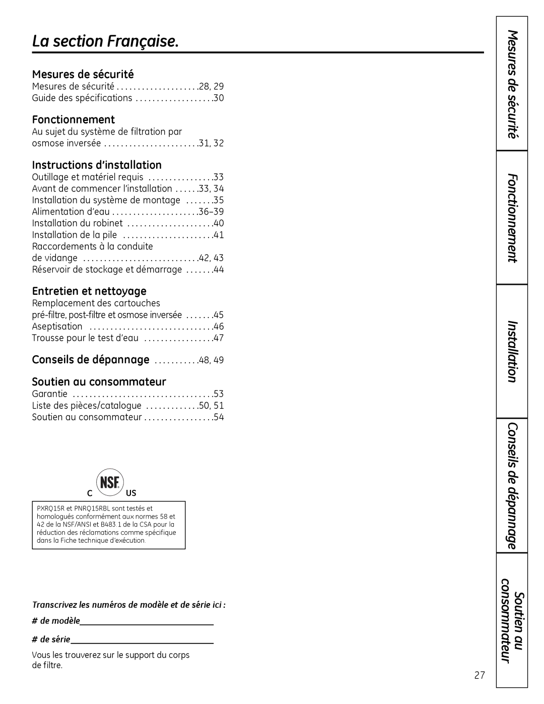 GE PNRQ16RBL, PXRQ15RBL owner manual La section Française, Mesures de sécurité 