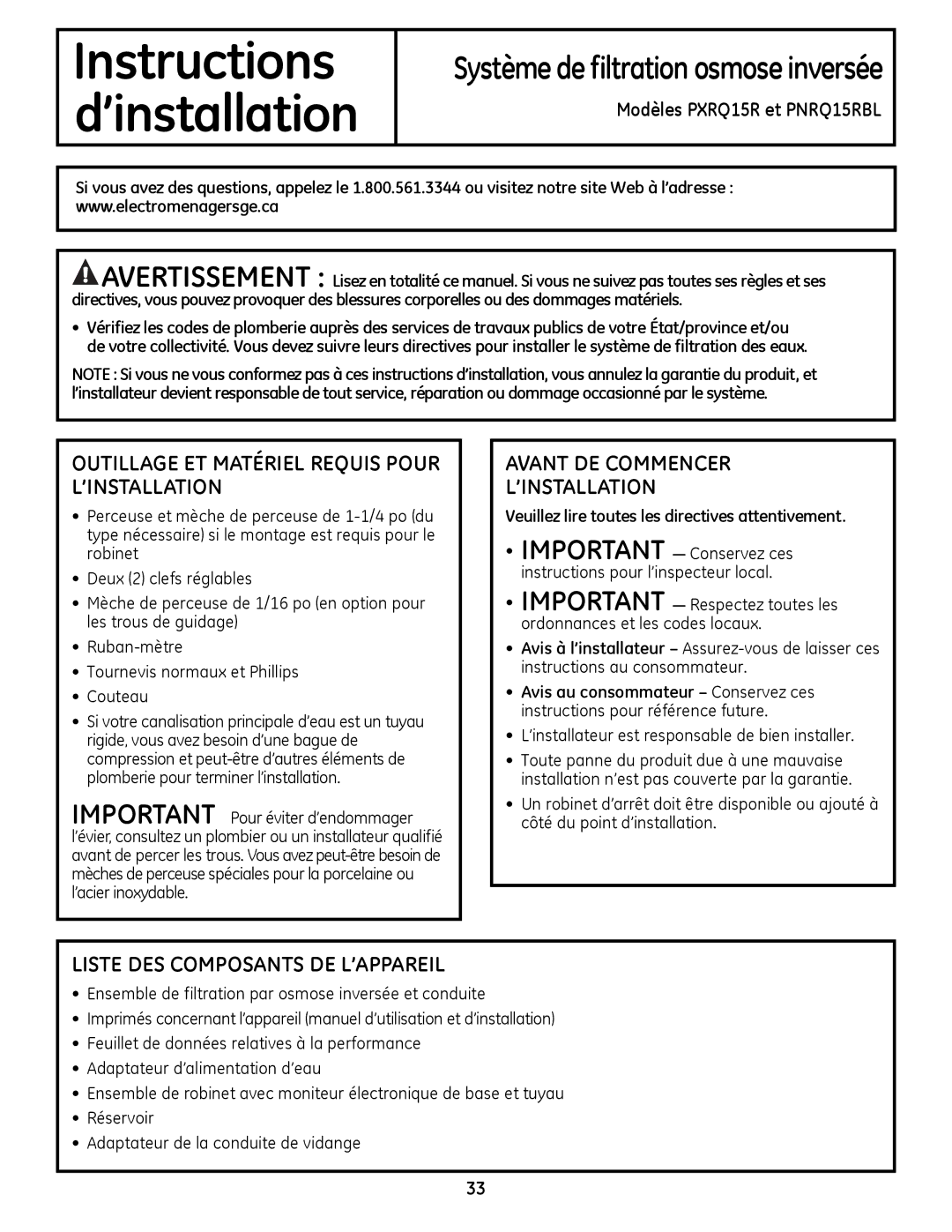 GE PNRQ16RBL, PXRQ15RBL owner manual Outillage ET Matériel Requis Pour L’INSTALLATION, Avant DE Commencer ’INSTALLATION 