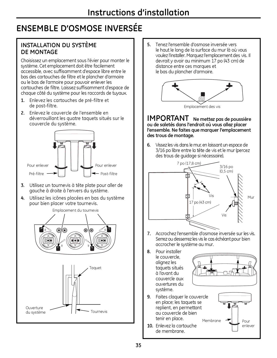 GE PNRQ16RBL, PXRQ15RBL owner manual Ensemble D’OSMOSE Inversée, Installation DU Système DE Montage 