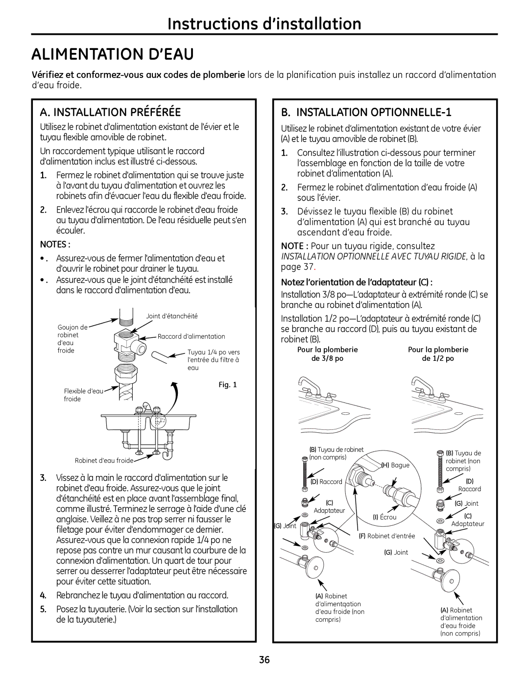 GE PXRQ15RBL, PNRQ16RBL owner manual Alimentation D’EAU, Installation Préférée, Installation OPTIONNELLE-1, De la tuyauterie 