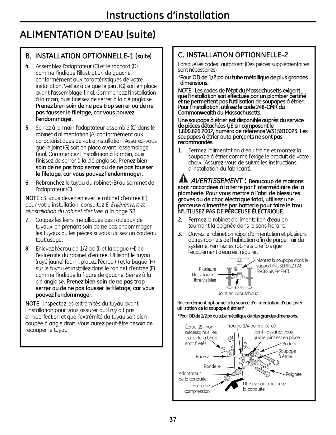 GE PNRQ16RBL, PXRQ15RBL owner manual Instructions d’installation Alimentation D’EAU suite, Installation OPTIONNELLE-2 