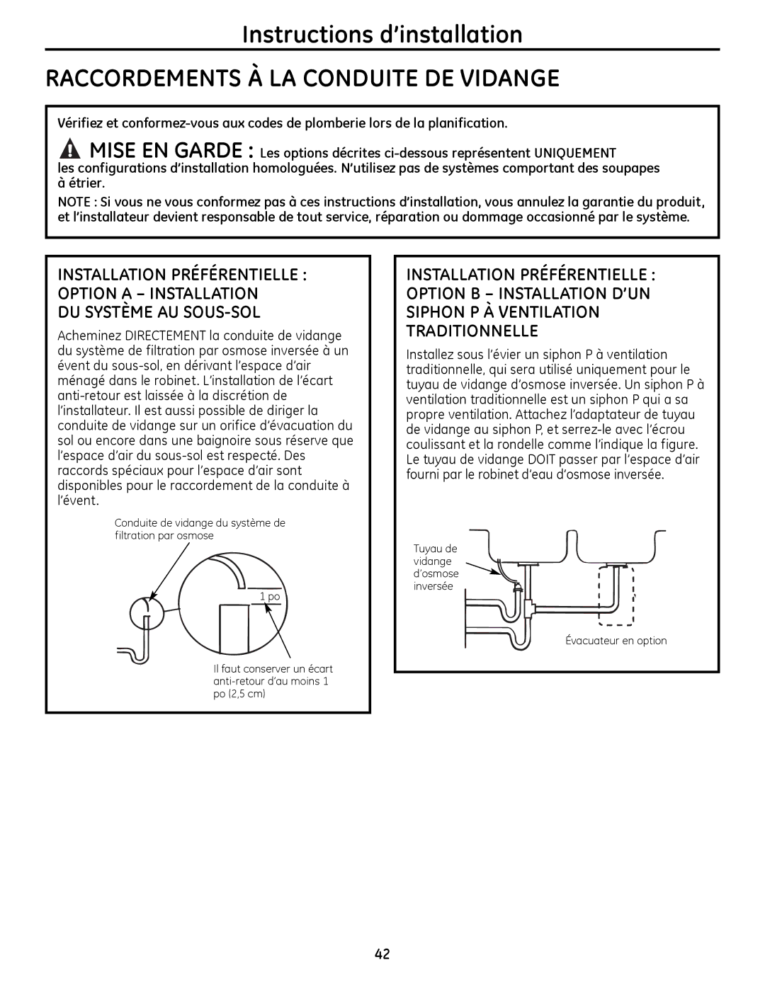 GE PXRQ15RBL, PNRQ16RBL owner manual Raccordements À LA Conduite DE Vidange, DU Système AU SOUS-SOL 