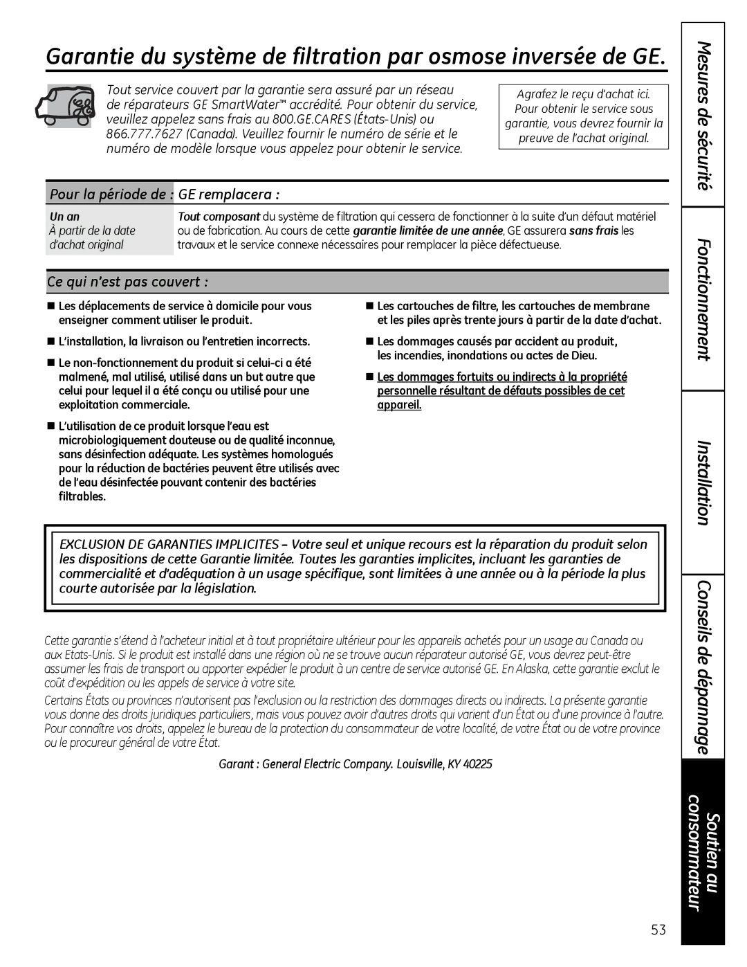 GE PXRQ15RBL, PNRQ16RBL Garantie du système de filtration par osmose inversée de GE, Pour la période de GE remplacera 