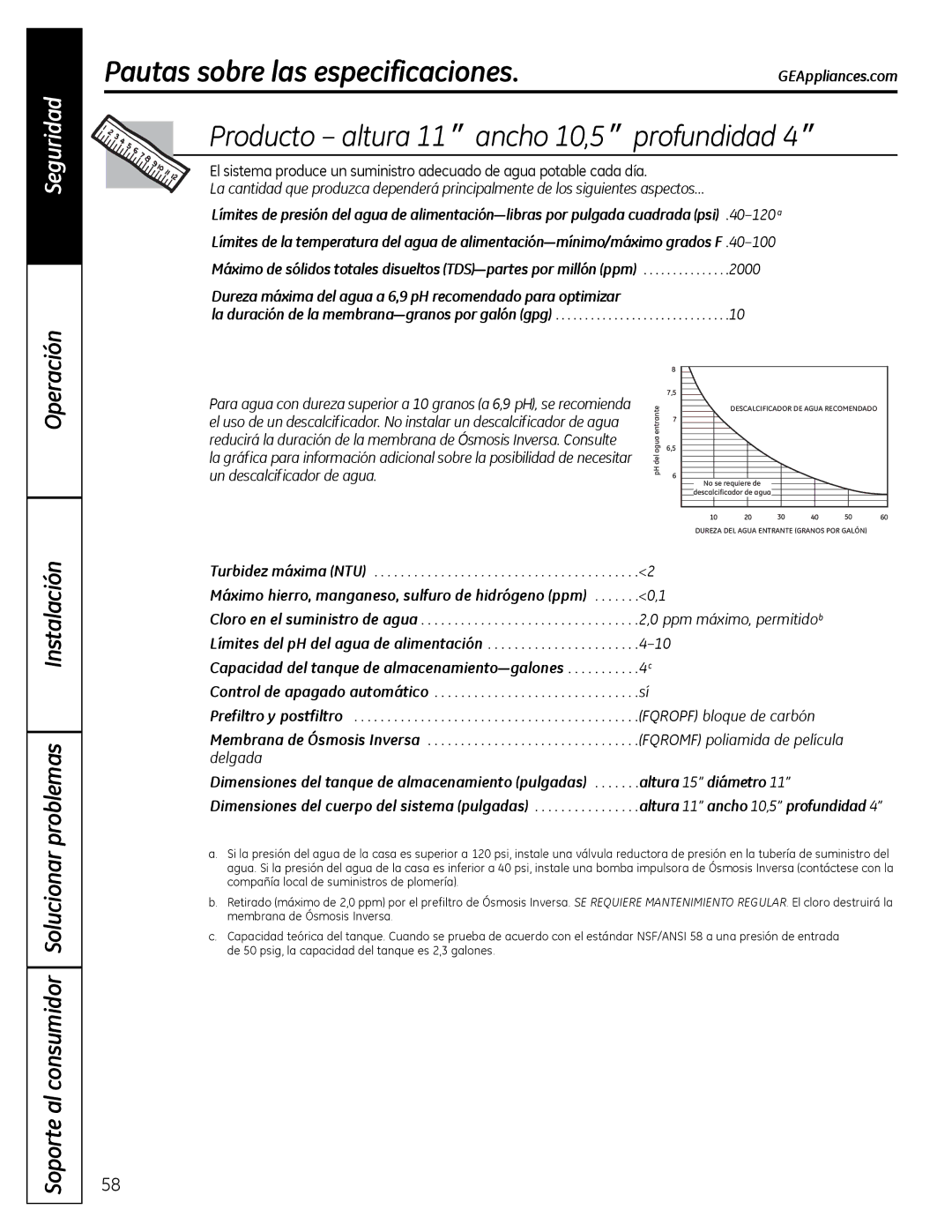 GE PNRQ16RBL, PXRQ15RBL owner manual Pautas sobre las especificaciones, Producto altura 11 ancho 10,5 profundidad 