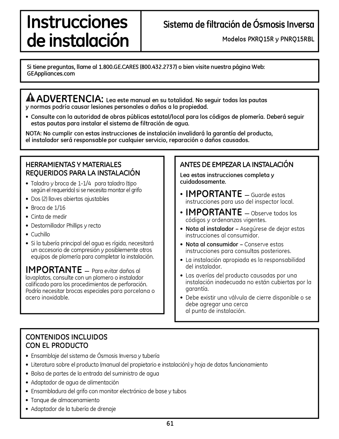 GE PXRQ15RBL, PNRQ16RBL owner manual Antes DE Empezar LA Instalación, Contenidos Incluidos CON EL Producto 