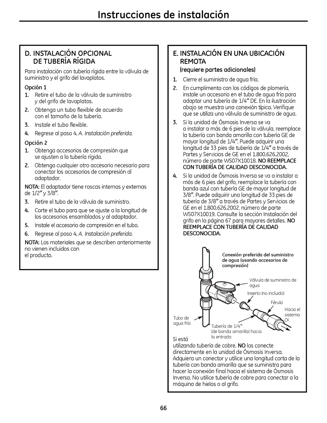 GE PNRQ16RBL, PXRQ15RBL owner manual Instalación Opcional DE Tubería Rígida, Instalación EN UNA Ubicación Remota, Opción 