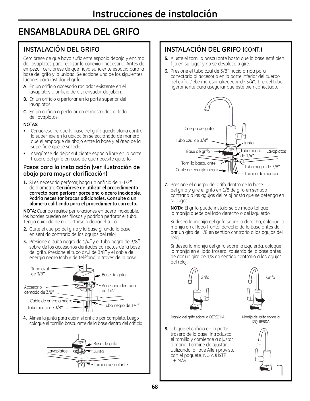 GE PNRQ16RBL, PXRQ15RBL owner manual Ensambladura DEL Grifo, Instalación DEL Grifo 