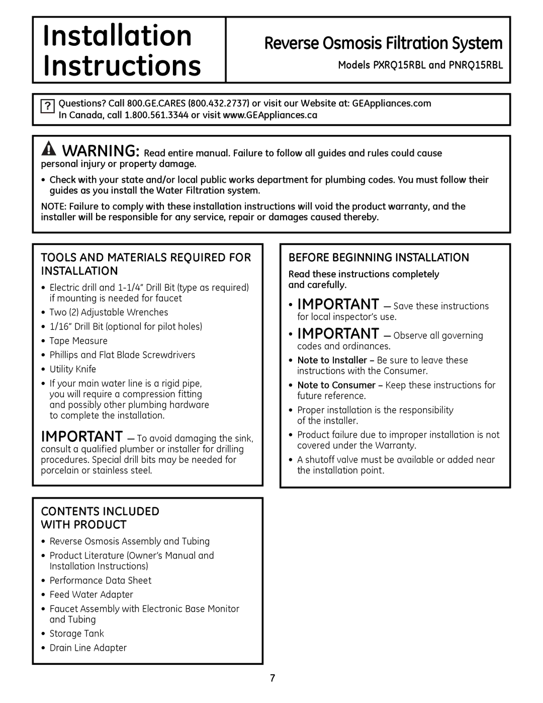 GE PNRQ16RBL Tools and Materials Required for Installation, Before Beginning Installation, Contents Included With Product 