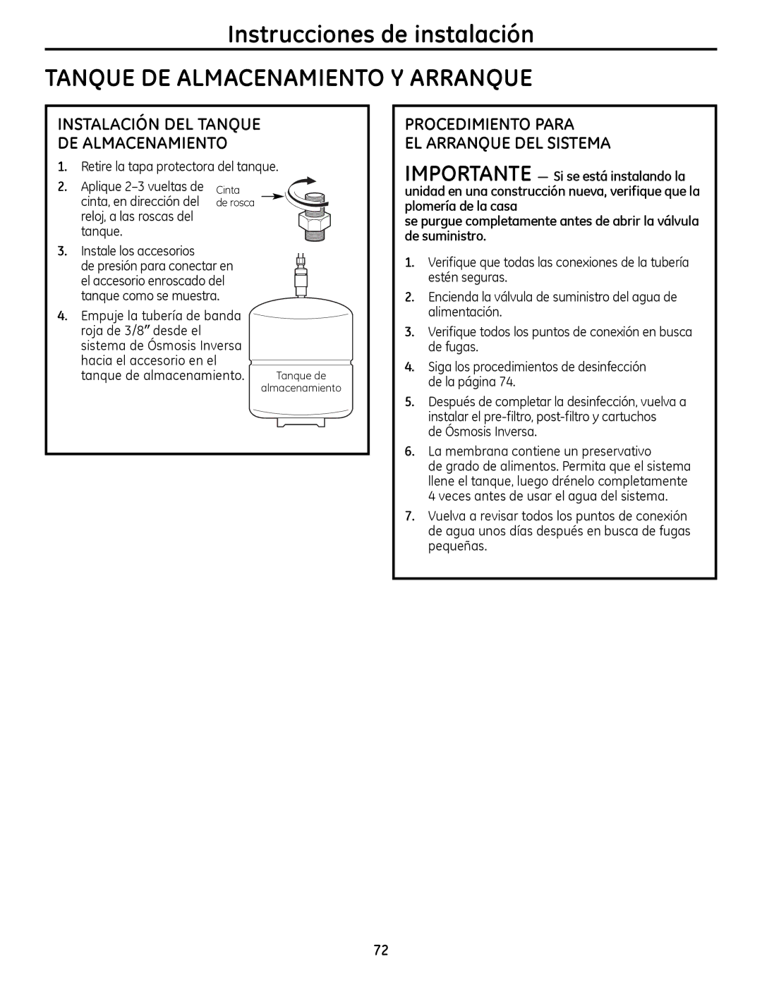 GE PNRQ16RBL, PXRQ15RBL owner manual Tanque DE Almacenamiento Y Arranque, Instalación DEL Tanque DE Almacenamiento 