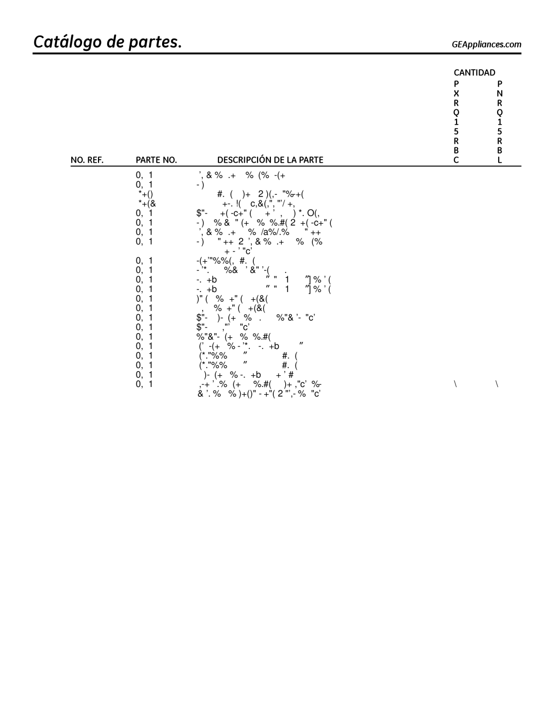 GE PXRQ15RBL, PNRQ16RBL owner manual Catálogo de partes, NO. REF Parte no Descripción DE LA Parte 