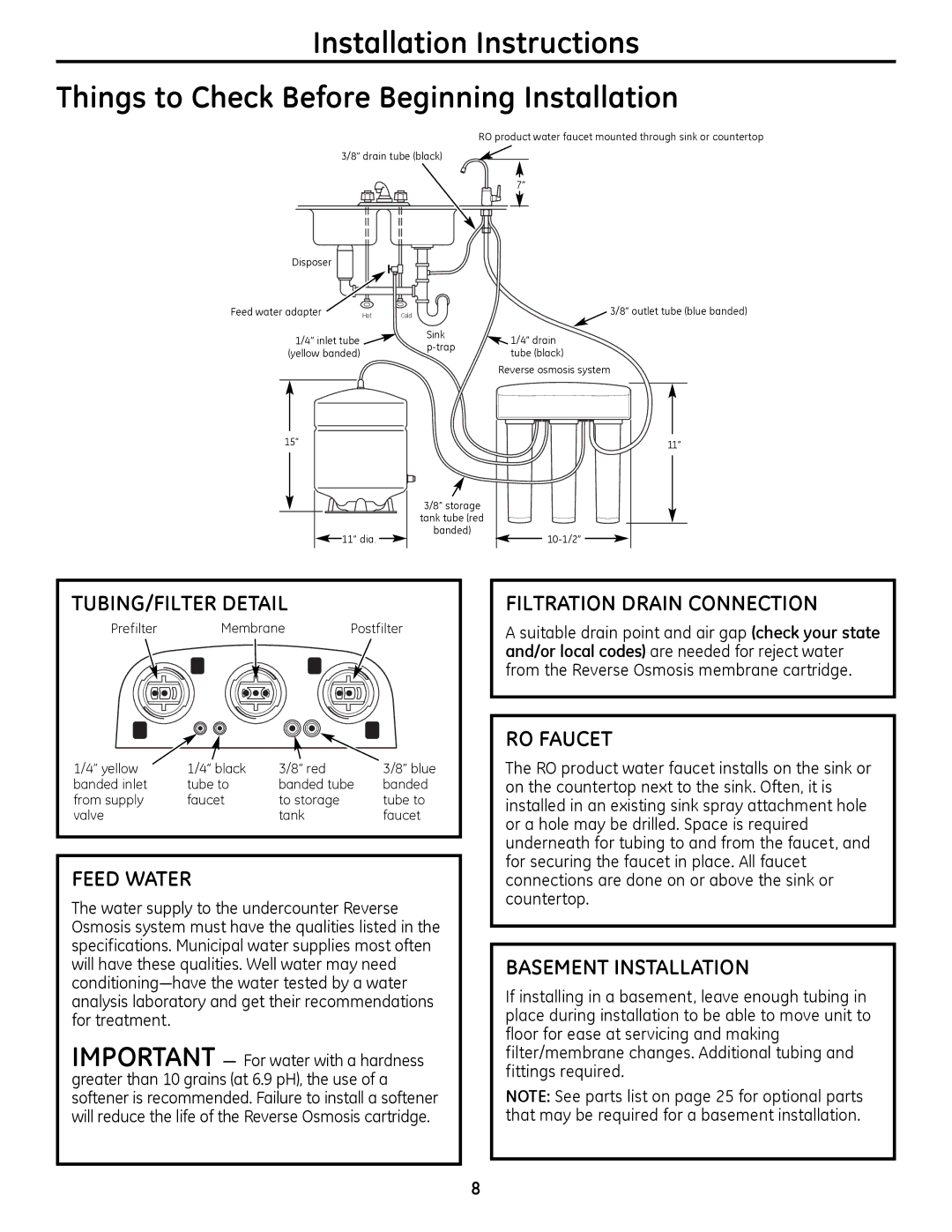 GE PXRQ15RBL, PNRQ16RBL TUBING/FILTER Detail, Feed Water, Filtration Drain Connection, RO Faucet, Basement Installation 