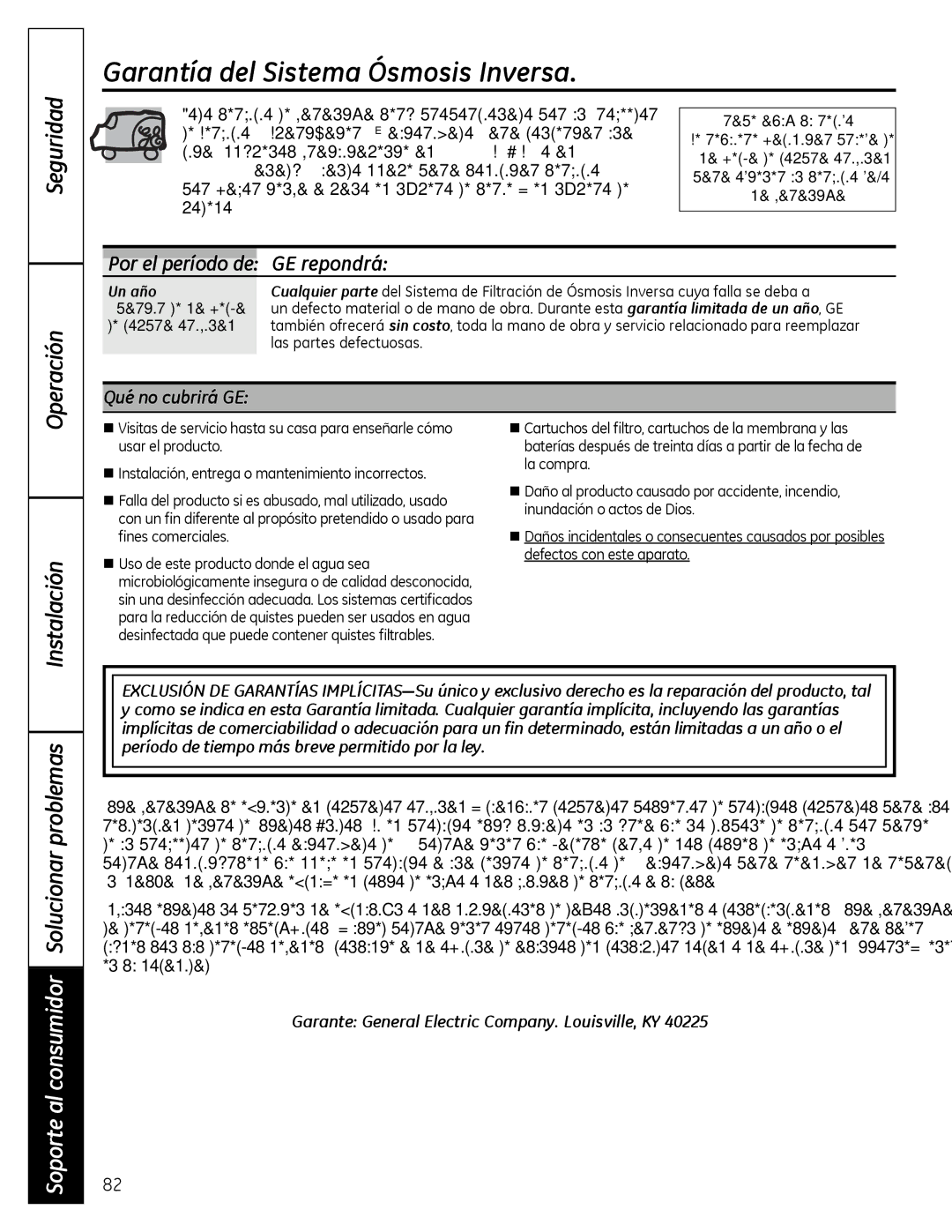 GE PNRQ16RBL, PXRQ15RBL owner manual Garantía del Sistema Ósmosis Inversa 