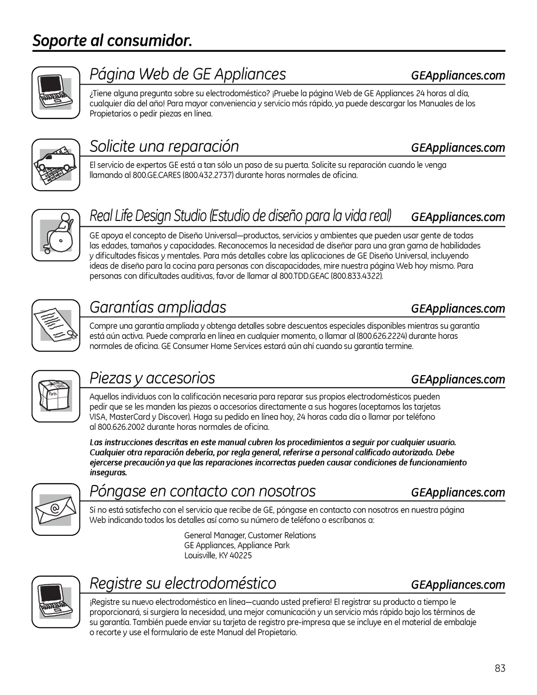 GE PXRQ15RBL, PNRQ16RBL Soporte al consumidor Página Web de GE Appliances, Solicite una reparación, Garantías ampliadas 