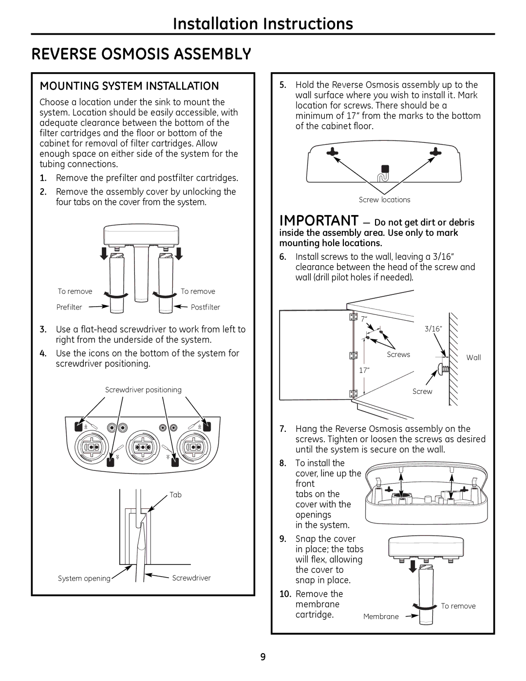 GE PNRQ16RBL, PXRQ15RBL owner manual Reverse Osmosis Assembly, Mounting System Installation 