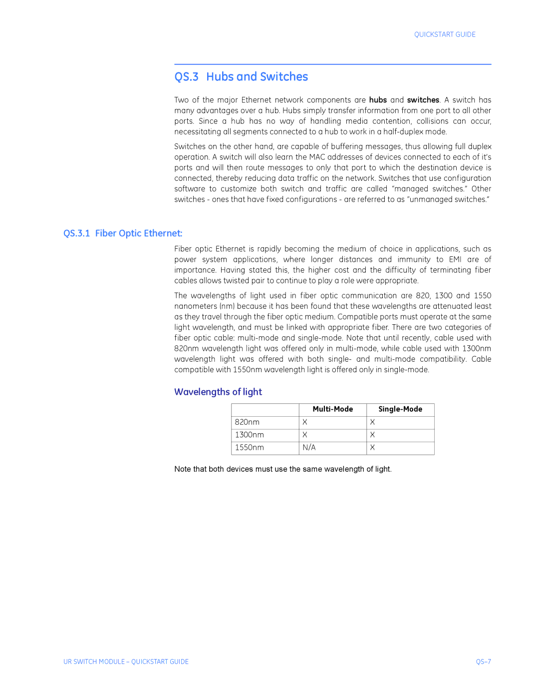 GE QS24 UR quick start QS.3.1 Fiber Optic Ethernet, Wavelengths of light 