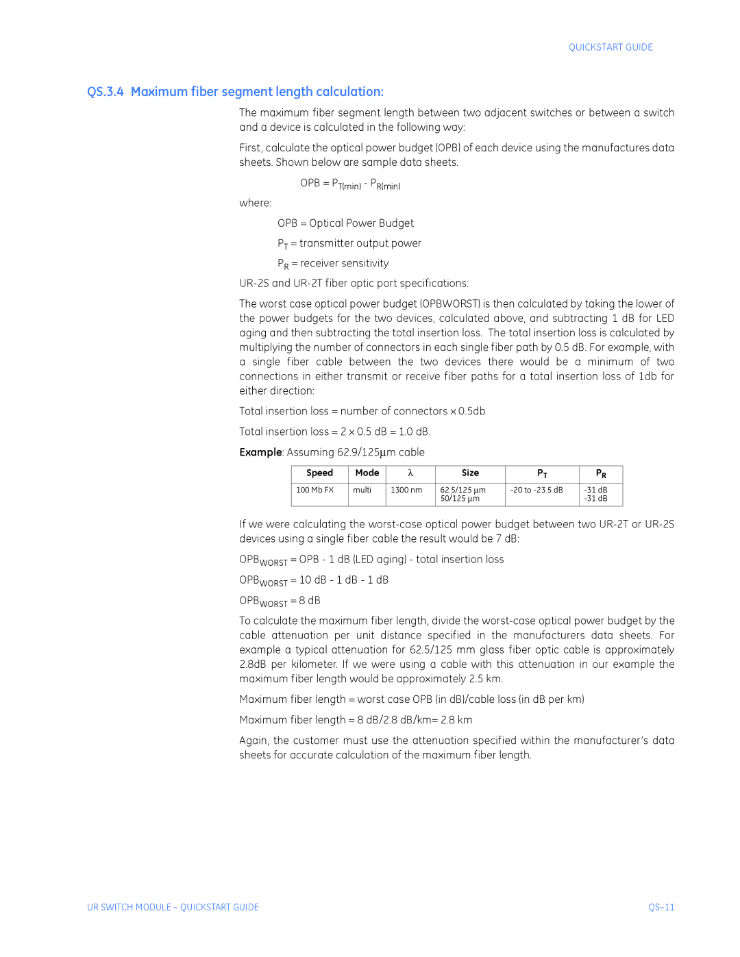 GE QS24 UR quick start QS.3.4 Maximum fiber segment length calculation 