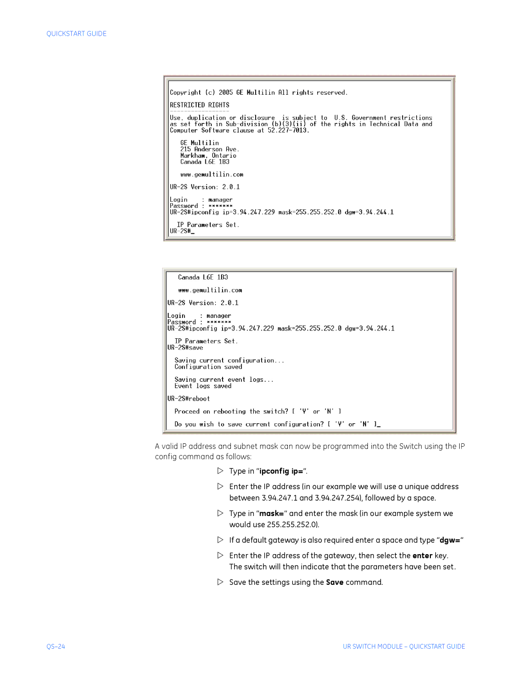 GE QS24 UR quick start Type in ipconfig ip= 