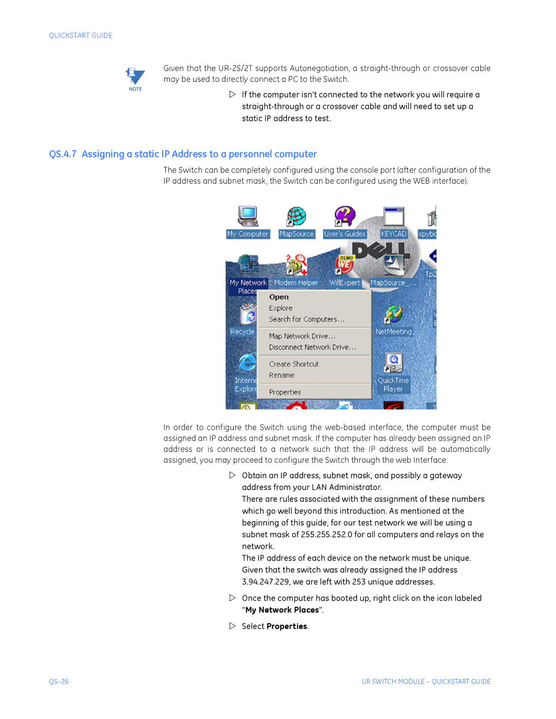 GE QS24 UR quick start QS.4.7 Assigning a static IP Address to a personnel computer, Select Properties 