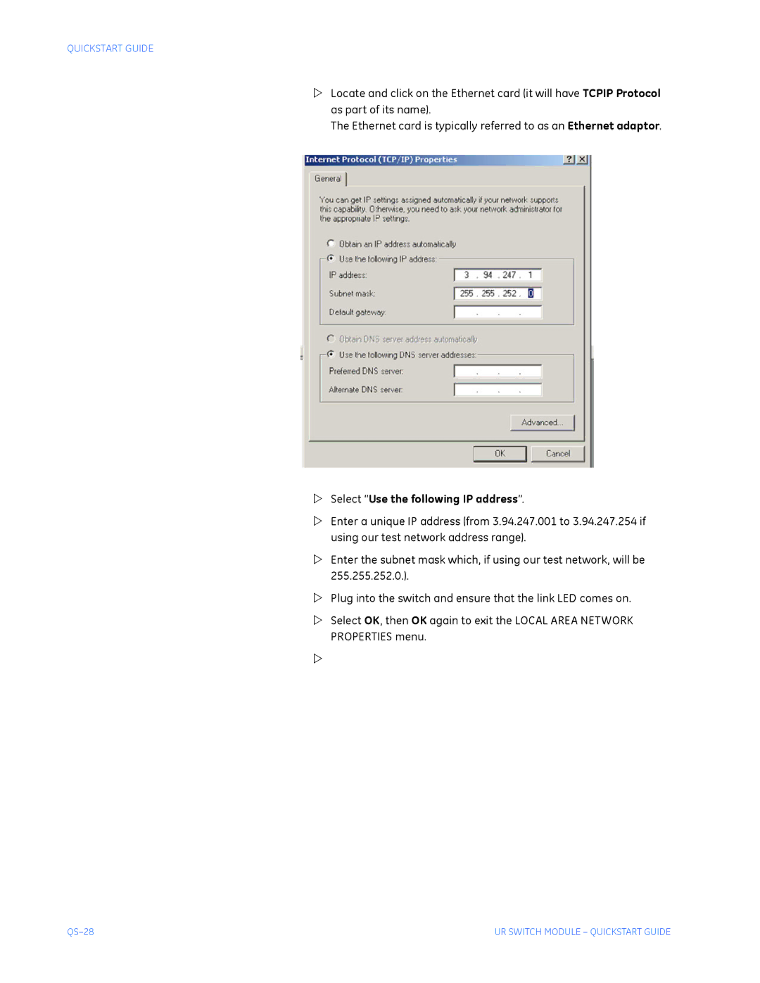GE QS24 UR quick start Select Use the following IP address 