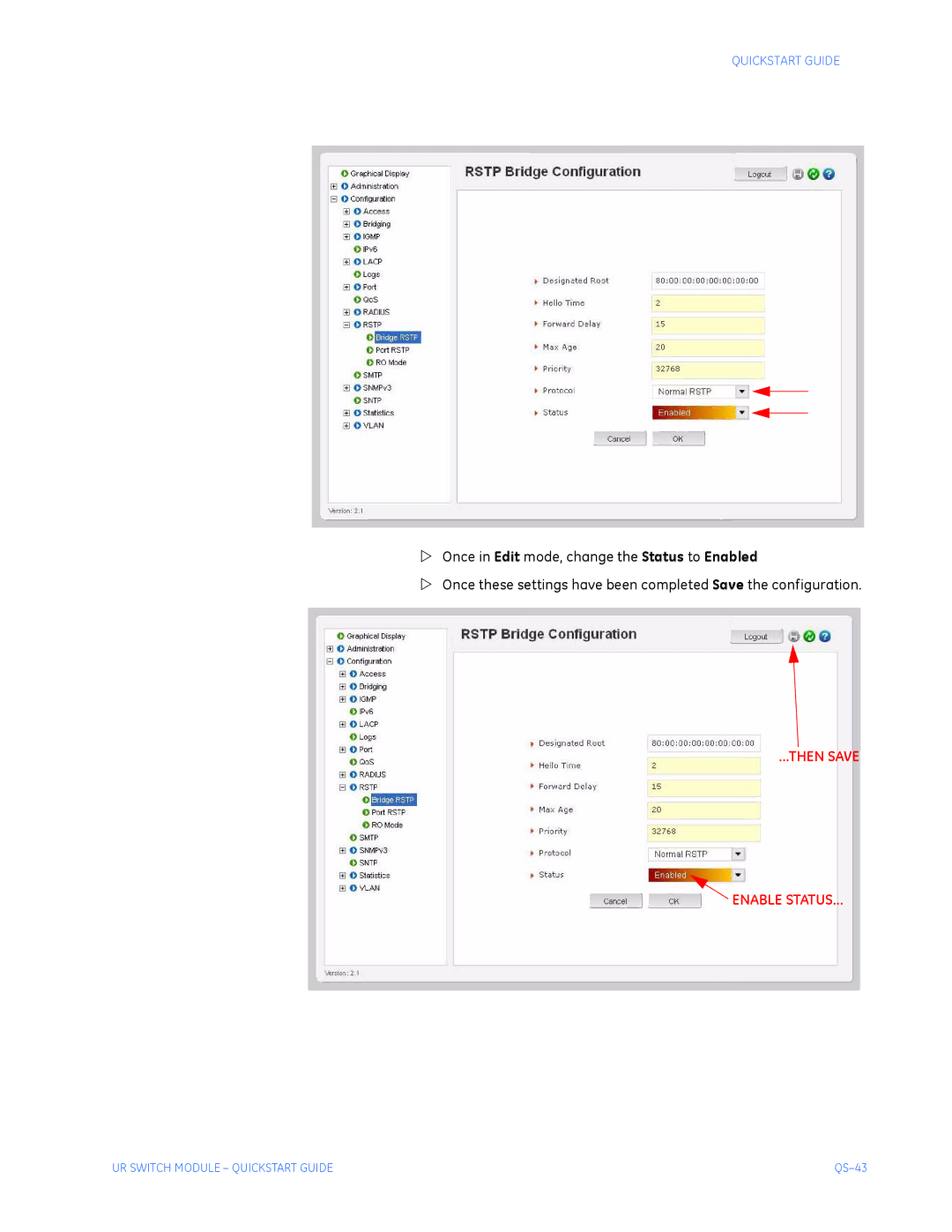 GE QS24 UR quick start Then Save Enable Status 