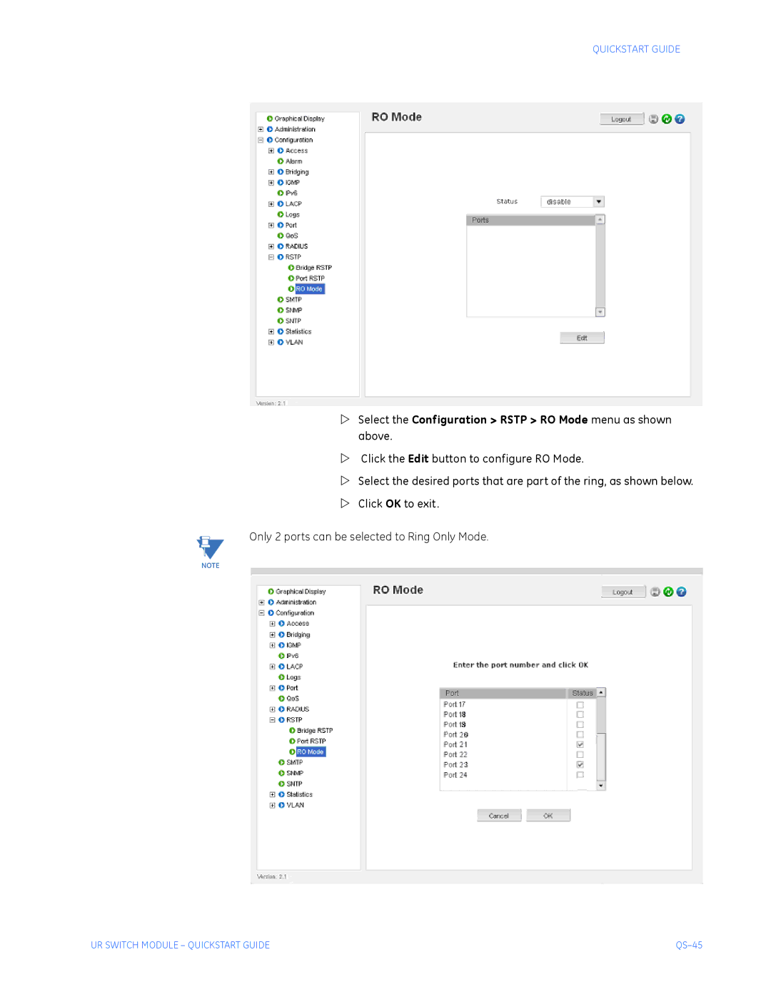 GE QS24 UR quick start Select the Configuration Rstp RO Mode menu as shown above 