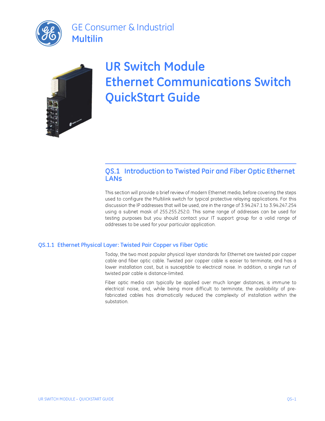 GE QS24 UR quick start QS-1 