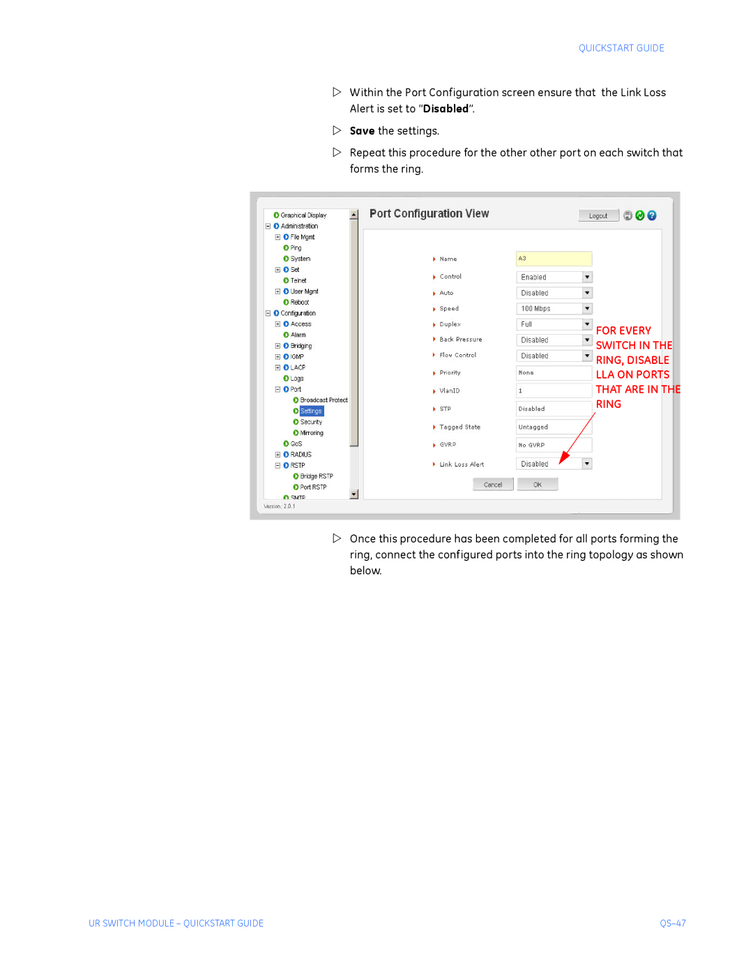 GE QS24 UR quick start For Every Switch RING, Disable LLA on Ports That are Ring 