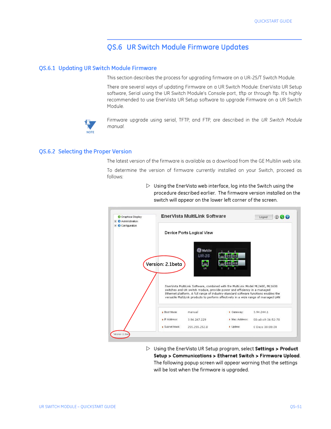 GE QS24 UR quick start QS.6.1 Updating UR Switch Module Firmware, QS.6.2 Selecting the Proper Version, Version 2.1beta 