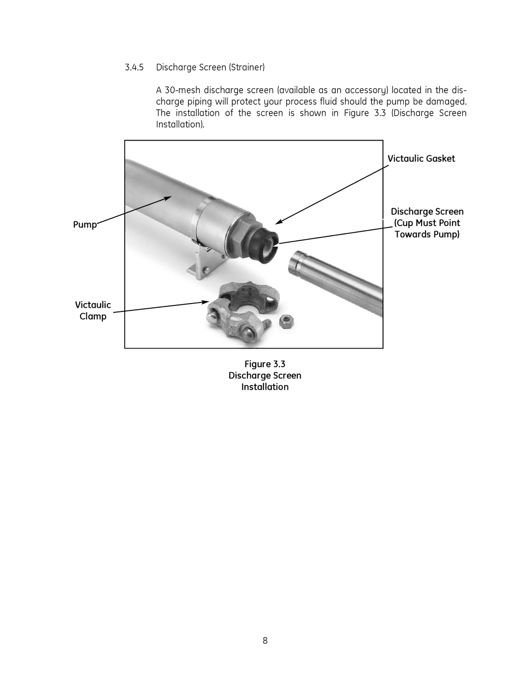 GE QS2800V, QS1800V manual Victaulic Gasket, Pump, Victaulic Clamp Discharge Screen Installation 